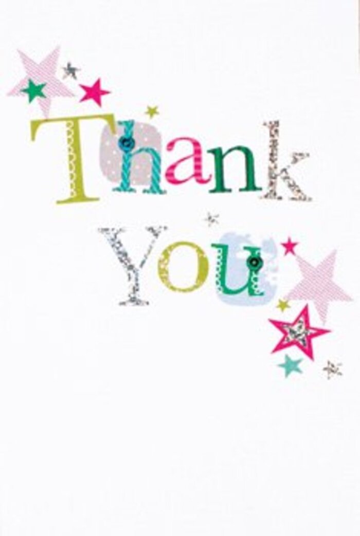 With understated exuberance, this thank you card graces the viewer with a design that feels both modern and personal-much like the thoughtful touches you find in Earlsfield's independent shops and florists. The letters of 'Thank You' sweep across a pure white background, each one crafted with whimsical flair: playful curves, vibrant spots, silken silver overlays, and gentle stitched details evoke the feel of a hand-finished piece from a beloved local craft fair. Clusters of brilliant stars-some striped in rose pink, others awash in deep turquoise or twinkling with hints of silver-gather near the text like blessings offered on a celebratory occasion at St. Andrew's or a close-knit gathering in an Earlsfield garden. The layout feels airy, never crowded, striking a balance between friendly cheer and calm sophistication. This card could nestle effortlessly beside a lush bouquet from Earlsfield Florist, its uplifting spirit rendering it perfect for any occasion-be it a thank you for help along Magdalen Road or a gesture of appreciation after a busy Saturday at the local market. There's a warmth in every brushstroke and glittering accent, a sincere energy that connects giver and recipient across miles or mere streets. To receive such a card is to feel both seen and celebrated-with the beauty of Earlsfield infusing gratitude into every detail.